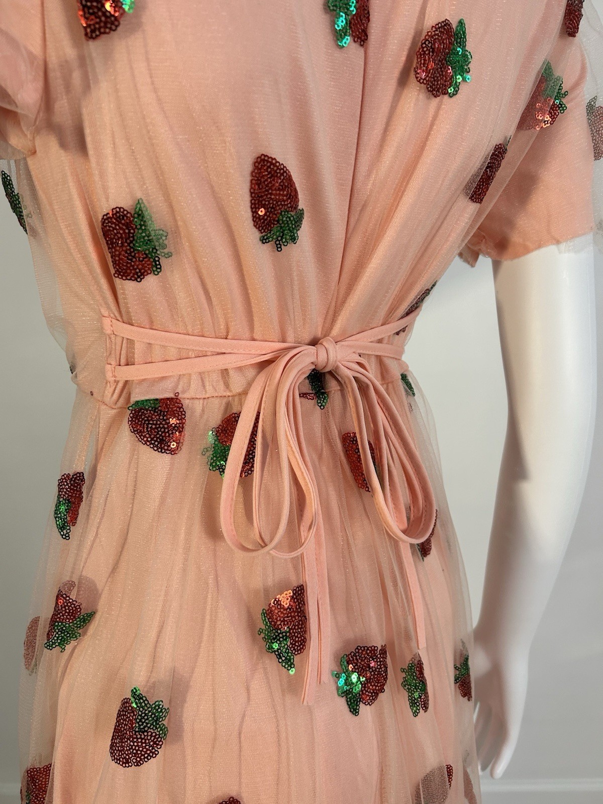 M Strawberry Tulle Dress Womens Pink Sequin Mesh Short Sleeve V Neck Maxi 2026
