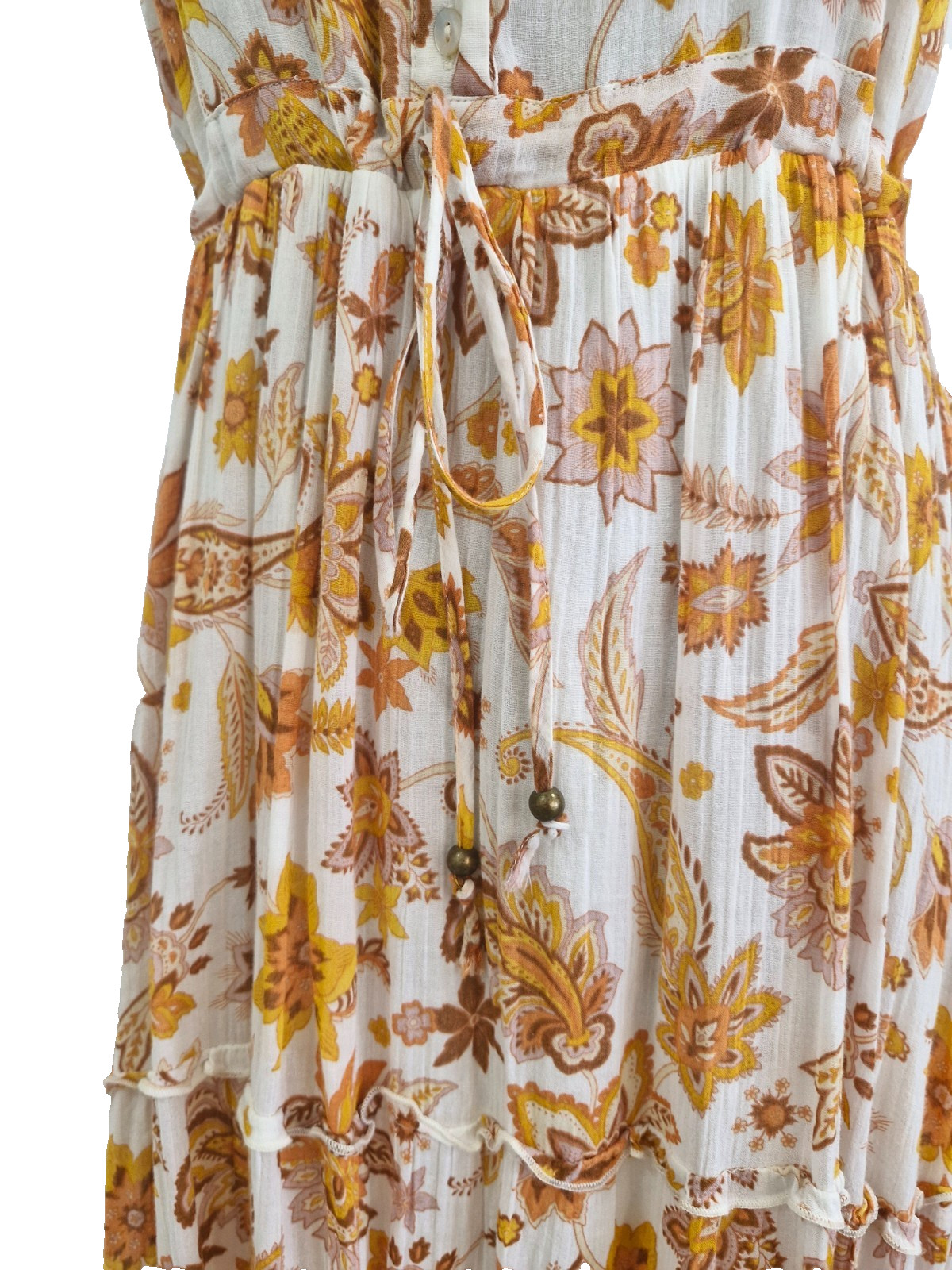 Ghanda Cotton Midi Dress Womens S White Orange Floral Button Tie Waist