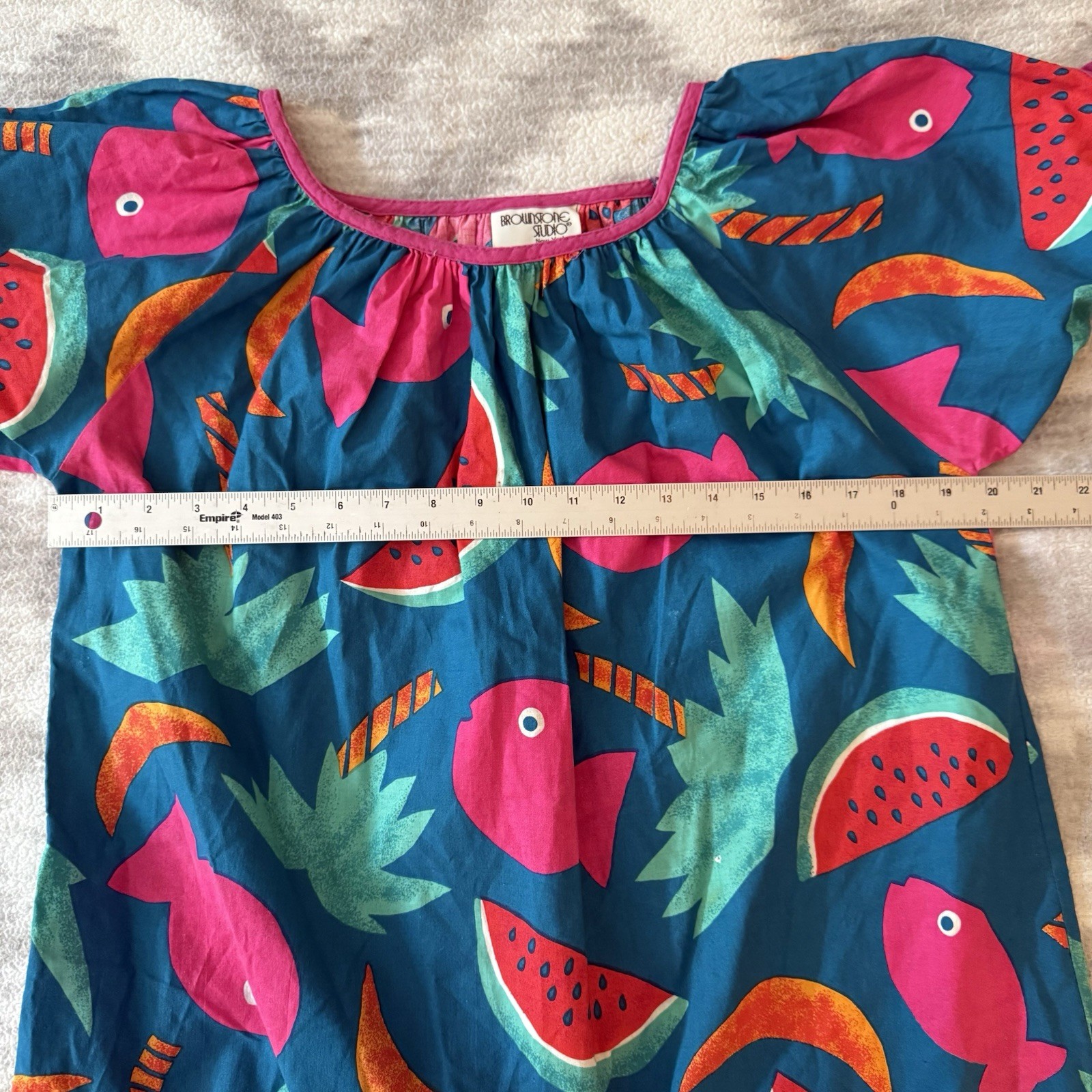 VTG Brownstone Studio Oversized House Dress Mumu Beach Cover Sz S Fish Ruffled