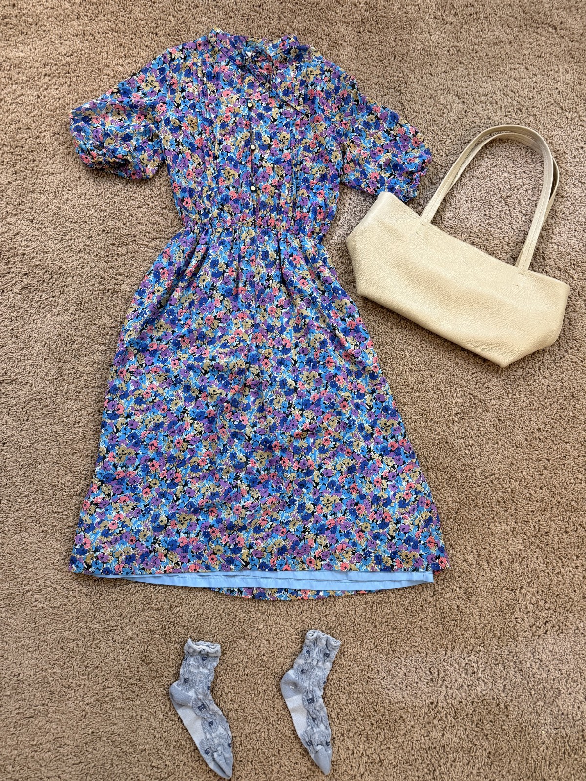 🌸 80s Vintage Baby Blue Floral Chiffon Midi Dress 1980s