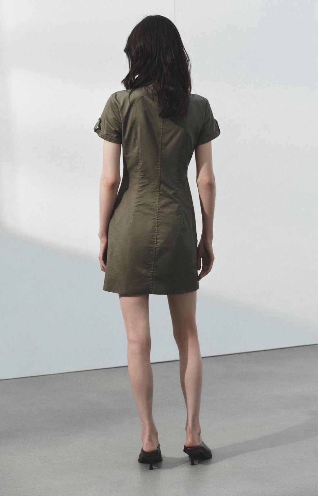 Zara Cotton Green Solid Shift Dress S Collared Zip Front Short Sleeve Pockets