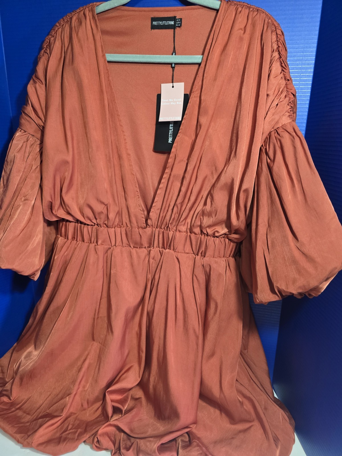 PrettyLittleThing Rust Copper Puff Sleeve Bubble Hem Babydoll Dress NWT Size 12