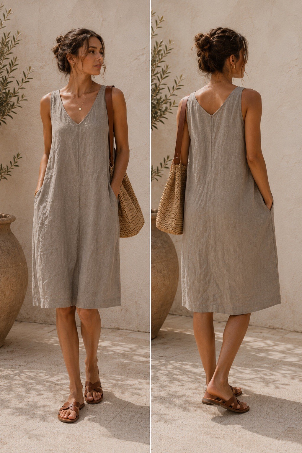 J Jill Dress L Taupe Natural Linen Coastal Beachy Minimalist LangenLook