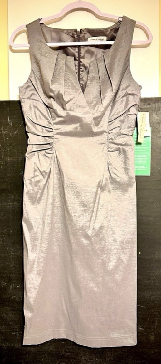 NEW Simply Liliana Gray Solid Sheath Dress Sz 12 Knee Scoop Neck Ruched Zip Back