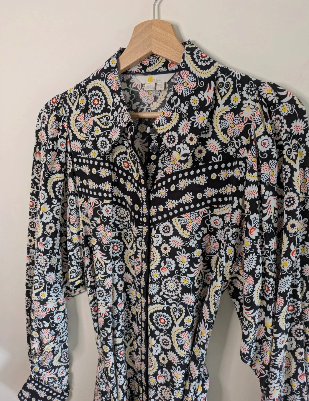 Boden UK 8 Paisley Coloured Mini Shirt Dress Floral Tie Waist Long Sleeve Black