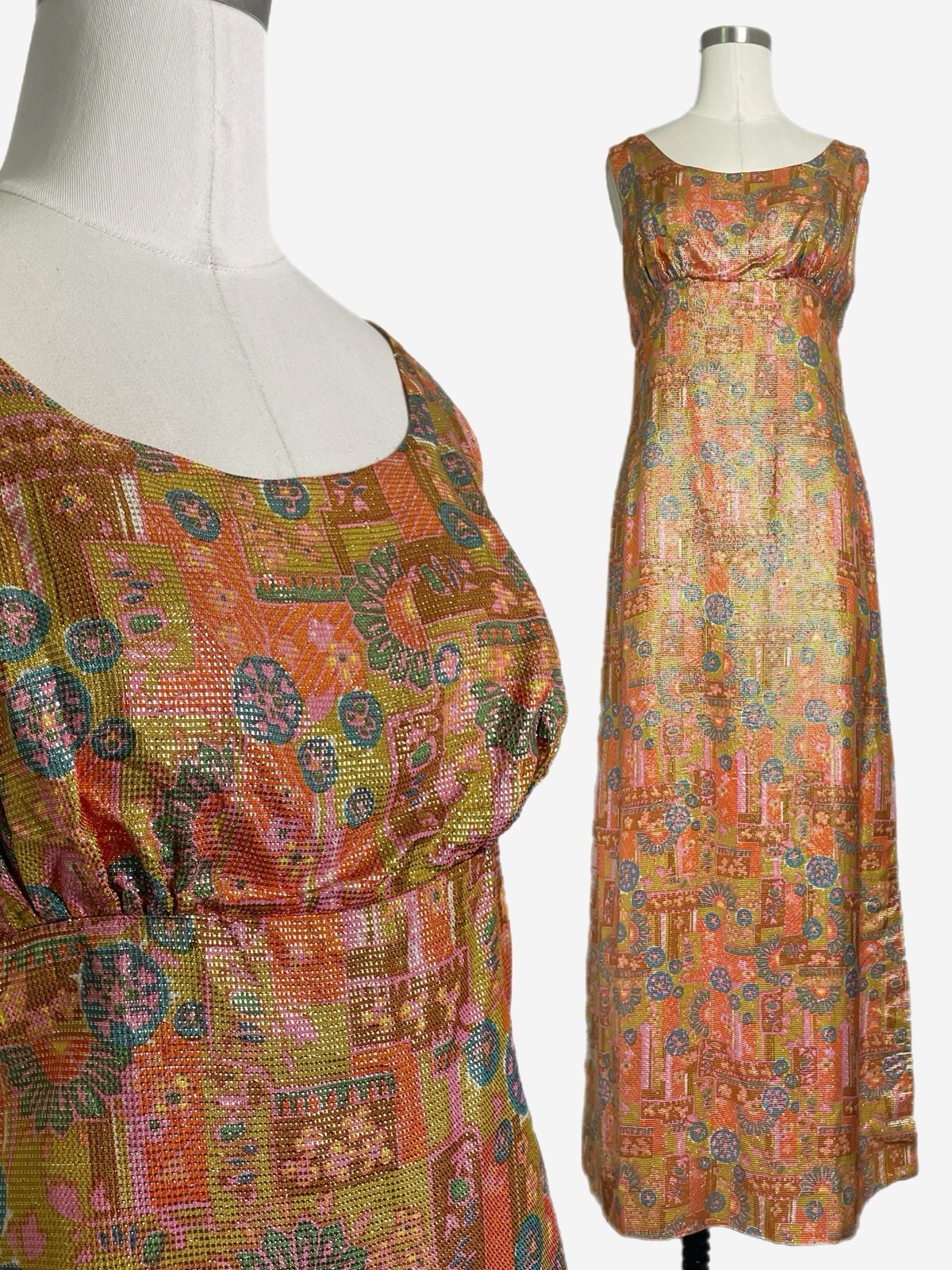 Vintage 60s Utah Mills Custom Orange geometric gold brocade maxi dress retro S