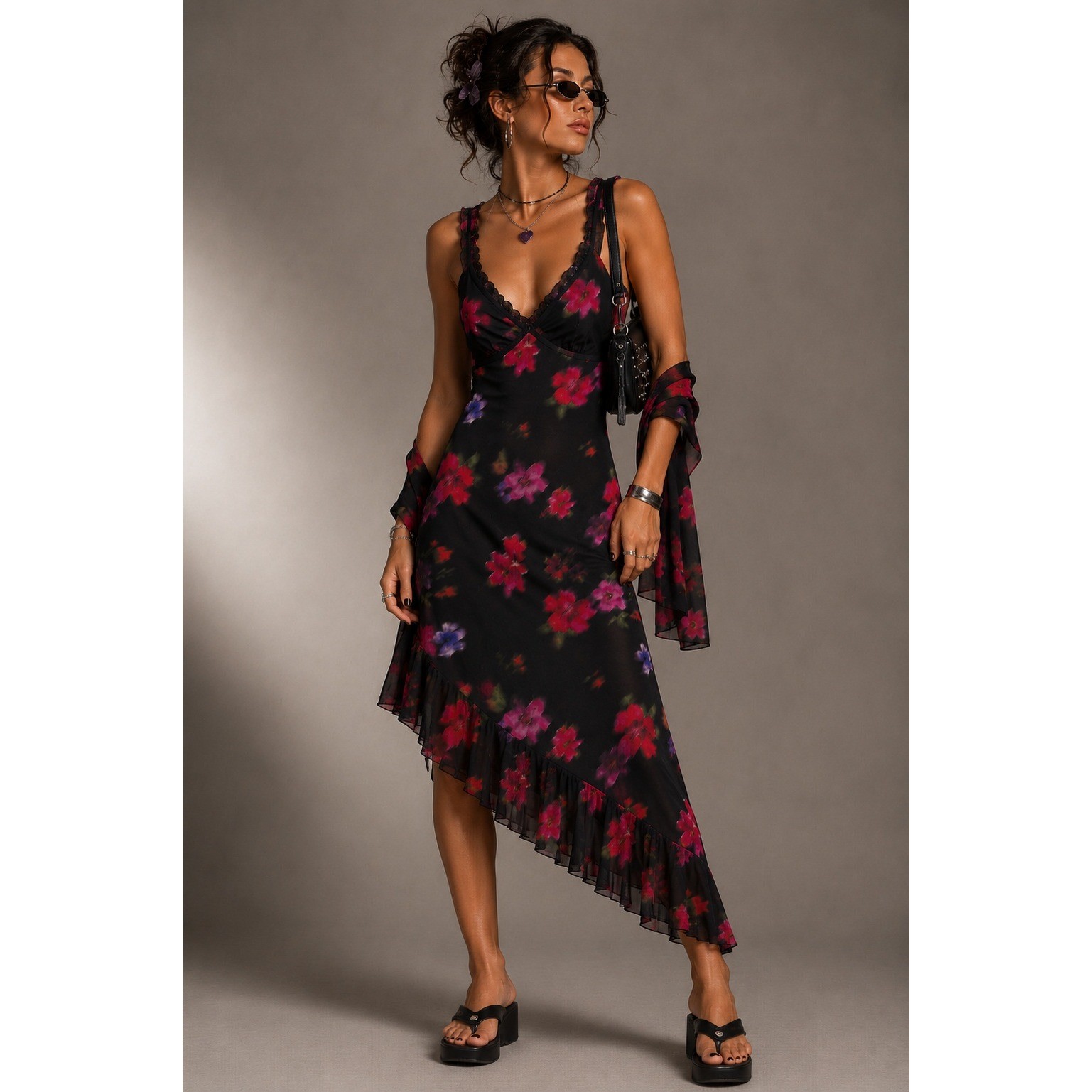 Almost Famous Whimsy Goth Floral Dress Y2K Fairycore Black Mesh Large
