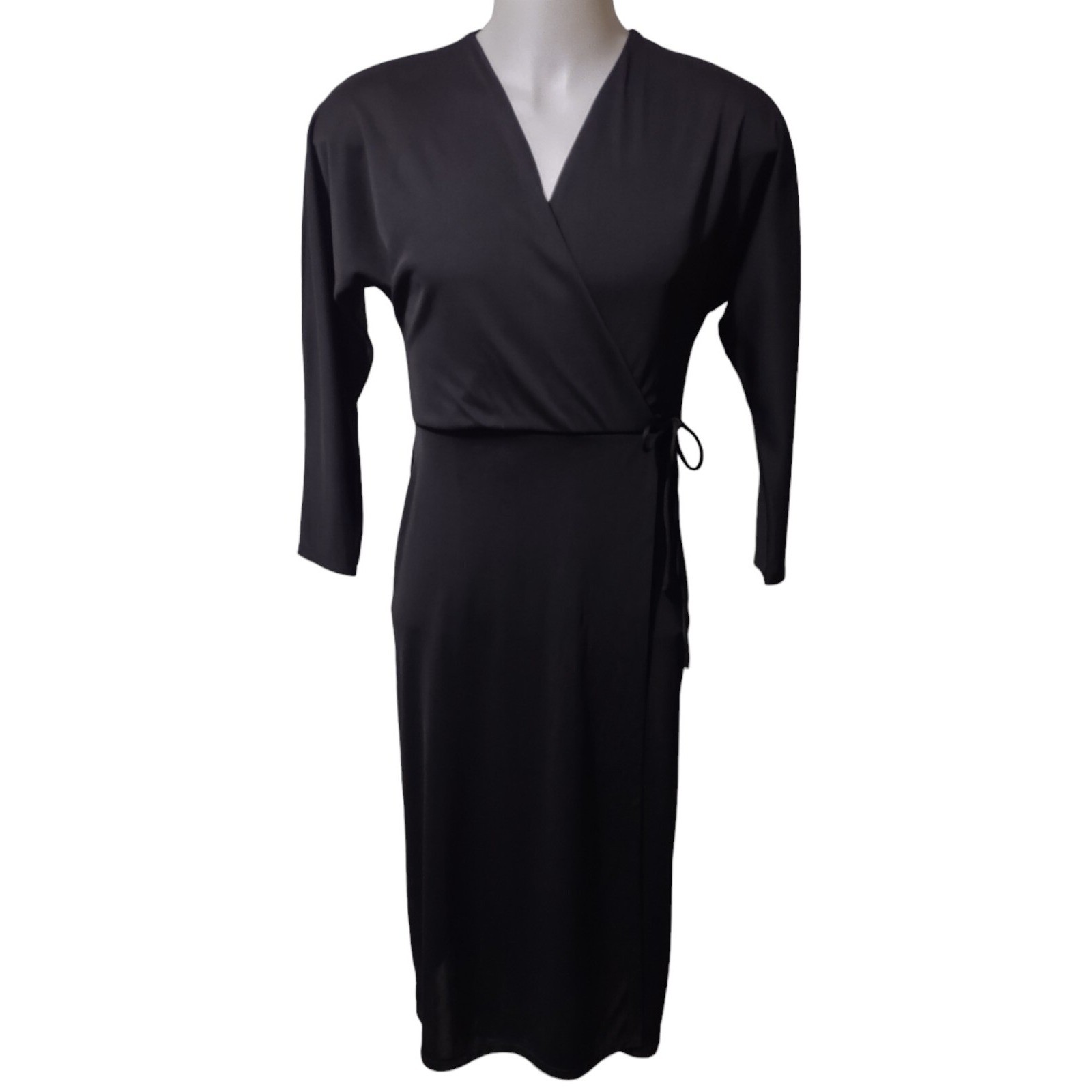 H&M Wrap Dress Womans Medium Black Midi Dress 100% Recycled Polyester Long Sleev
