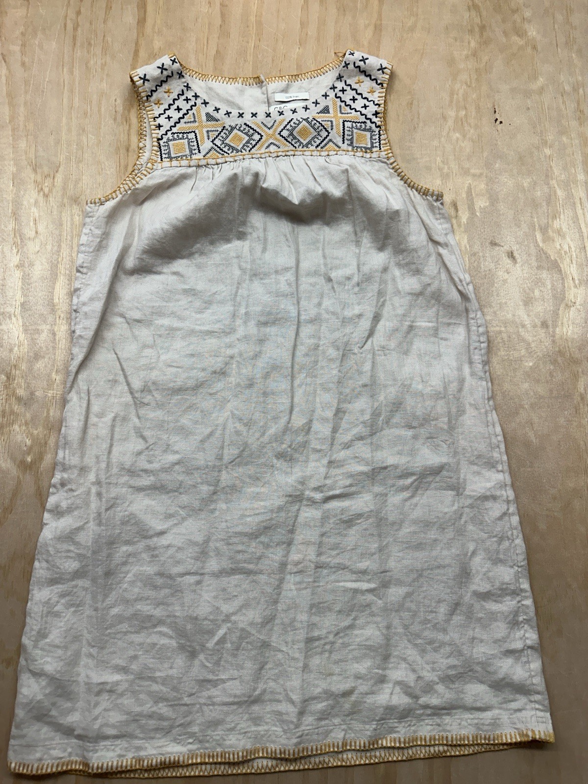 C&C California Beige Linen Dress Detailed Embroidered Yoke Yellow/Black Sz S