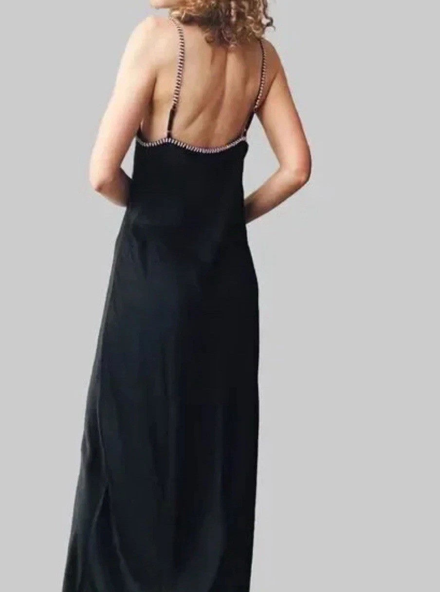 Rumored Revolve Black Satin Maxi Slip Dress Beaded Keyhole Cutout Medium
