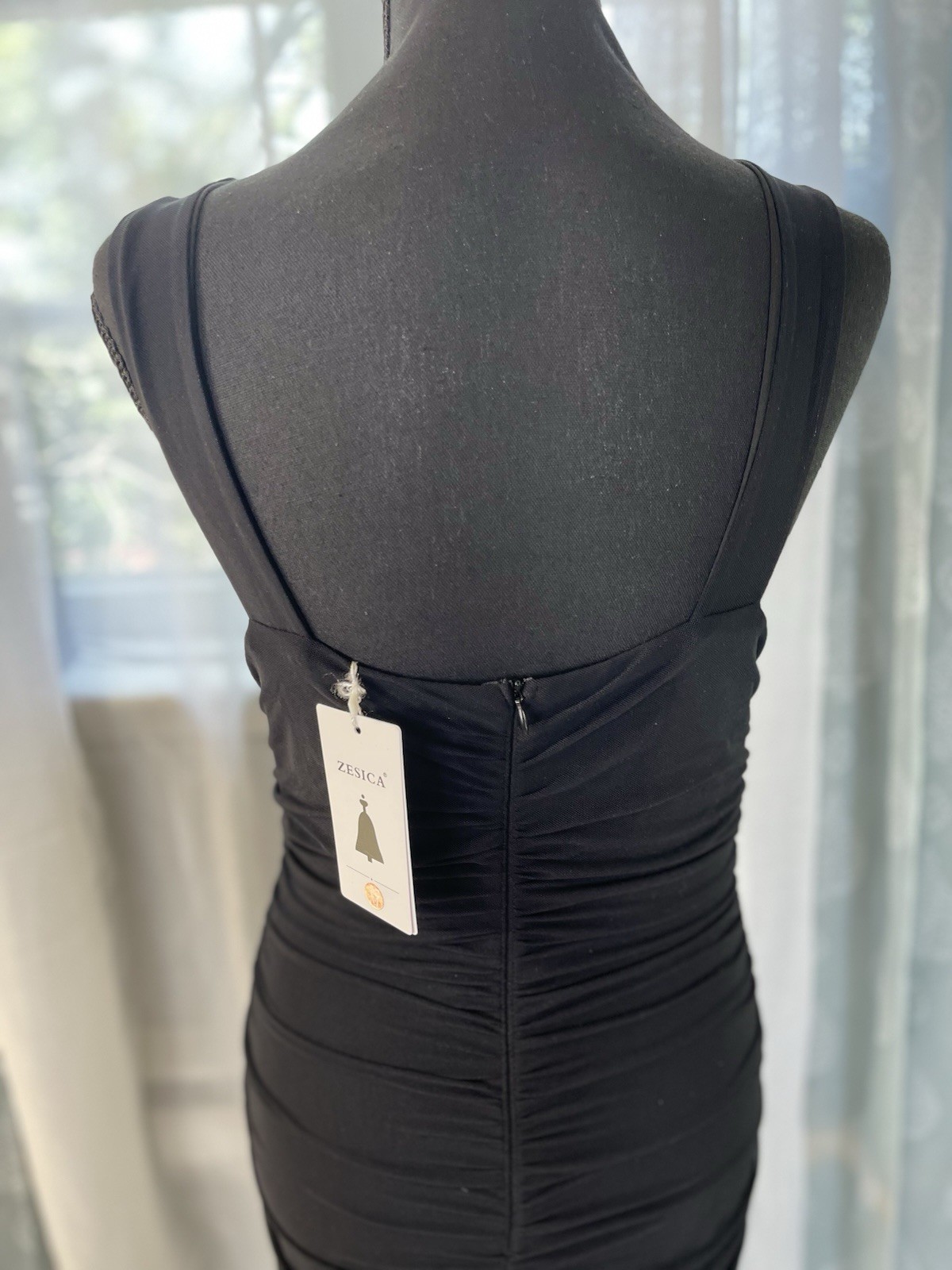 ZESICA Women’s Black Solid Ruched Sheer Mesh Ruffle Bodycon Midi Dress M