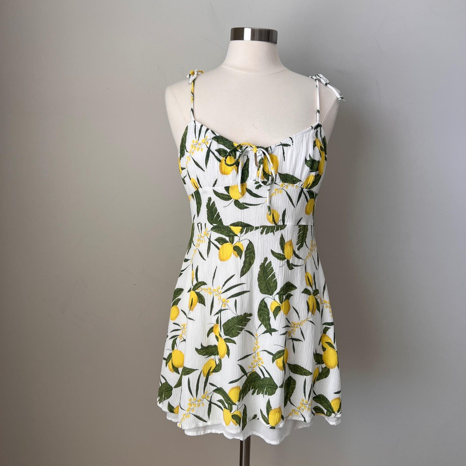 Pull&Bear Lemon Print Sweetheart Mini Dress White Yellow Green XL 9390/316/250