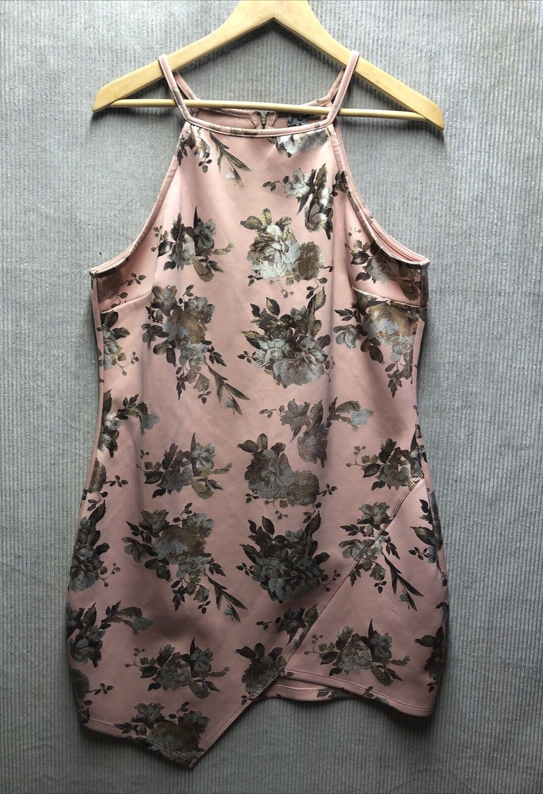 J For Justify Women’s Dress XL Rose Pink Silver Gold Flowers Asymmetrical Hem