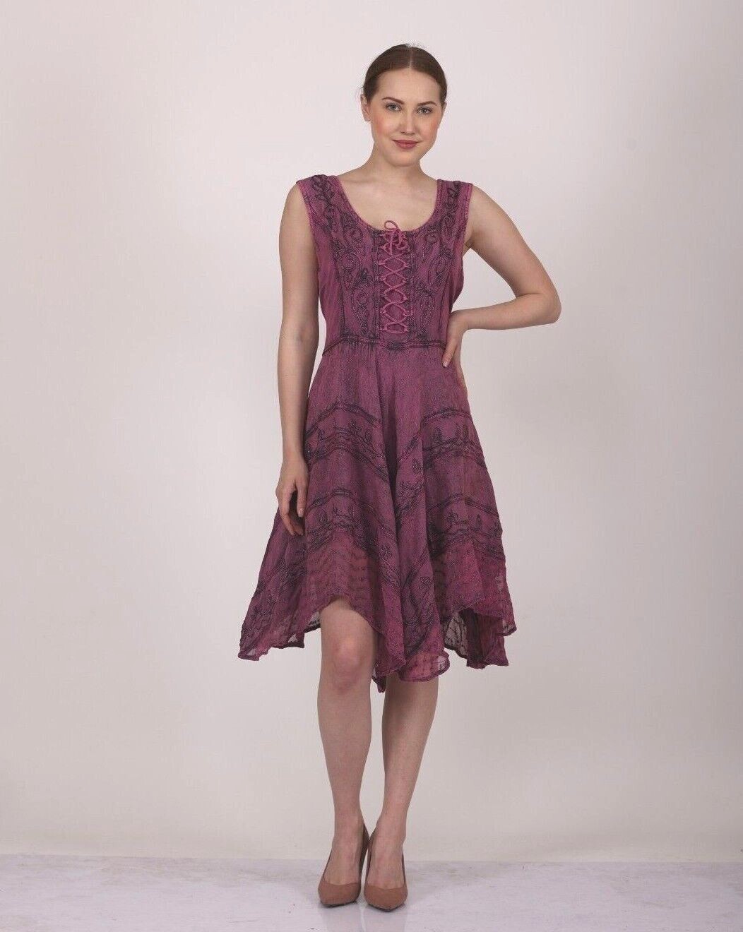 Women’s Zendaya Stonewashed Embroidered Floral Vine Sleeveless U-Neck Dress Mix