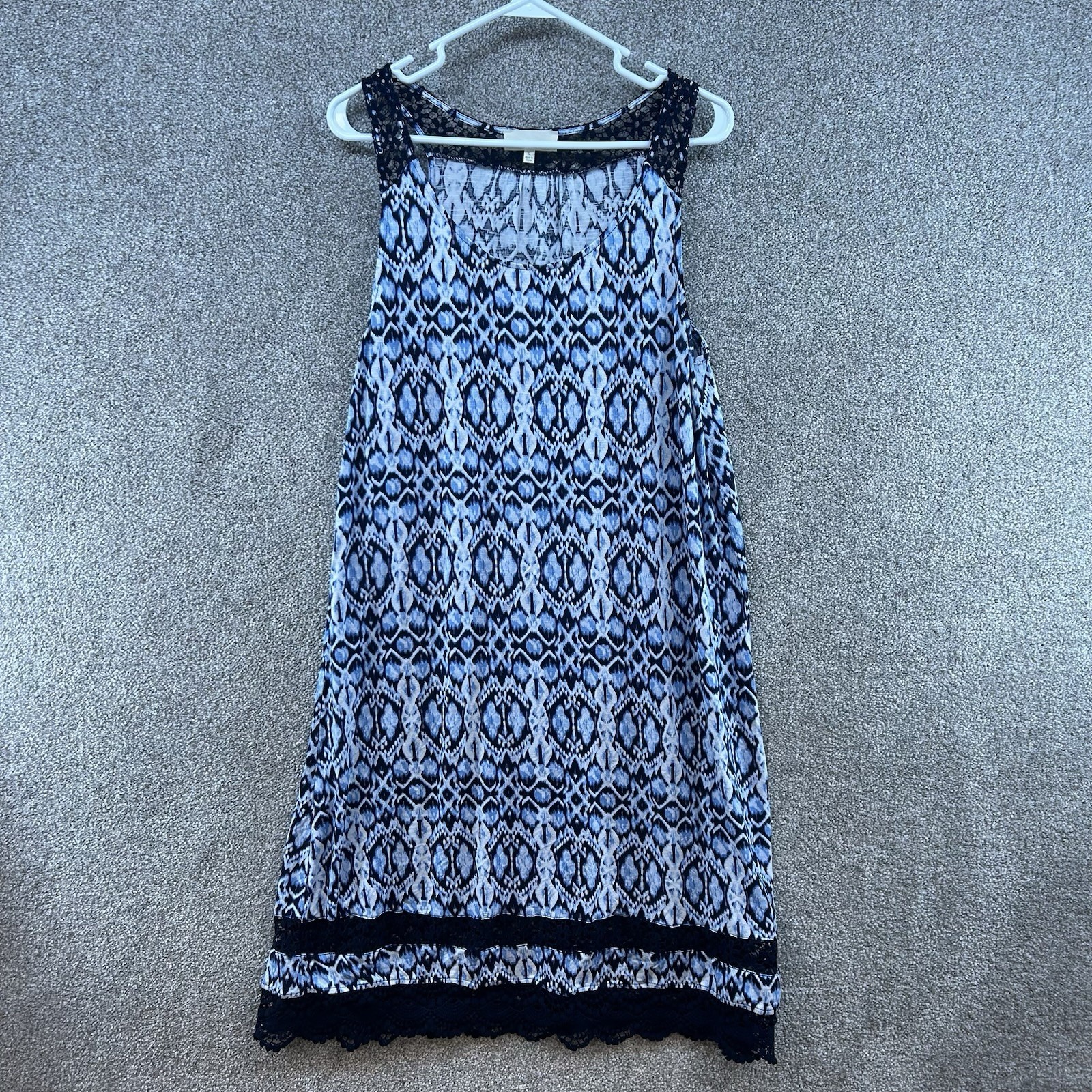 Dept222 Women’s Dress Size Large Blue Black White Sleeveless Pullover Lace Trim
