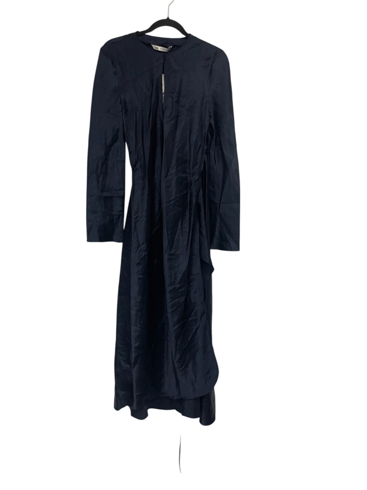 Zara Women Dress S Small Satin Midi Long Sleeve Navy Blue self tie 4786/278 NWT