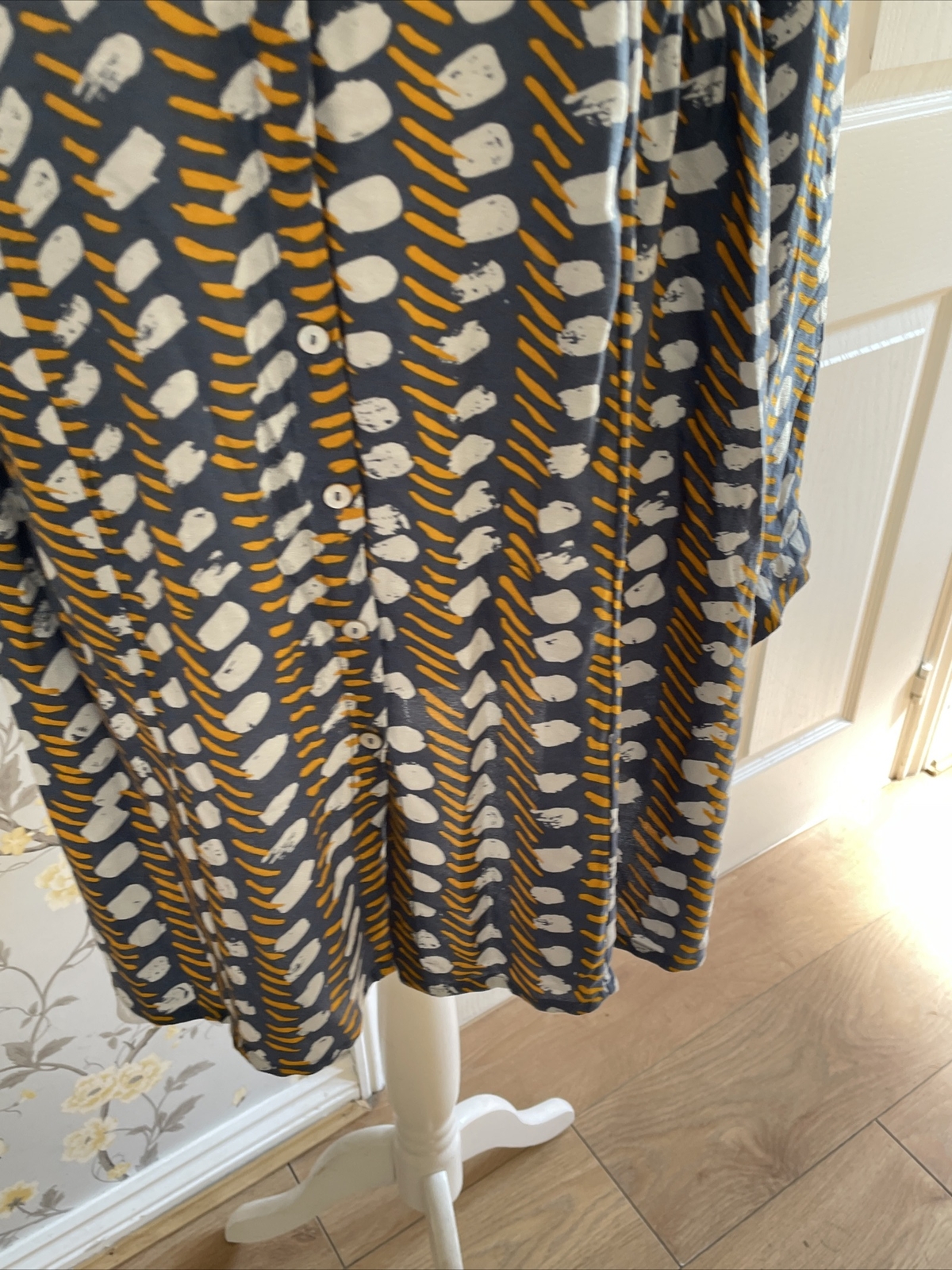 White Stuff Chambray Blue Gold Grey Abstract Print Shirt Dress Ladies Size 12