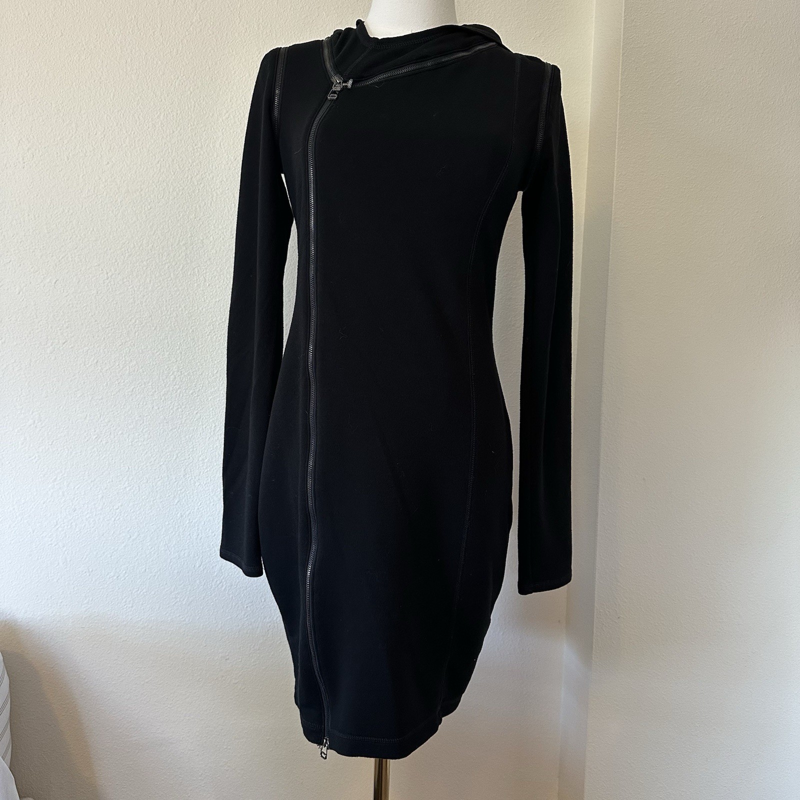 Rachel Rachel Roy Black Asymmetric Zip Bodycon Mini Dress Medium Hood Cowl Neck