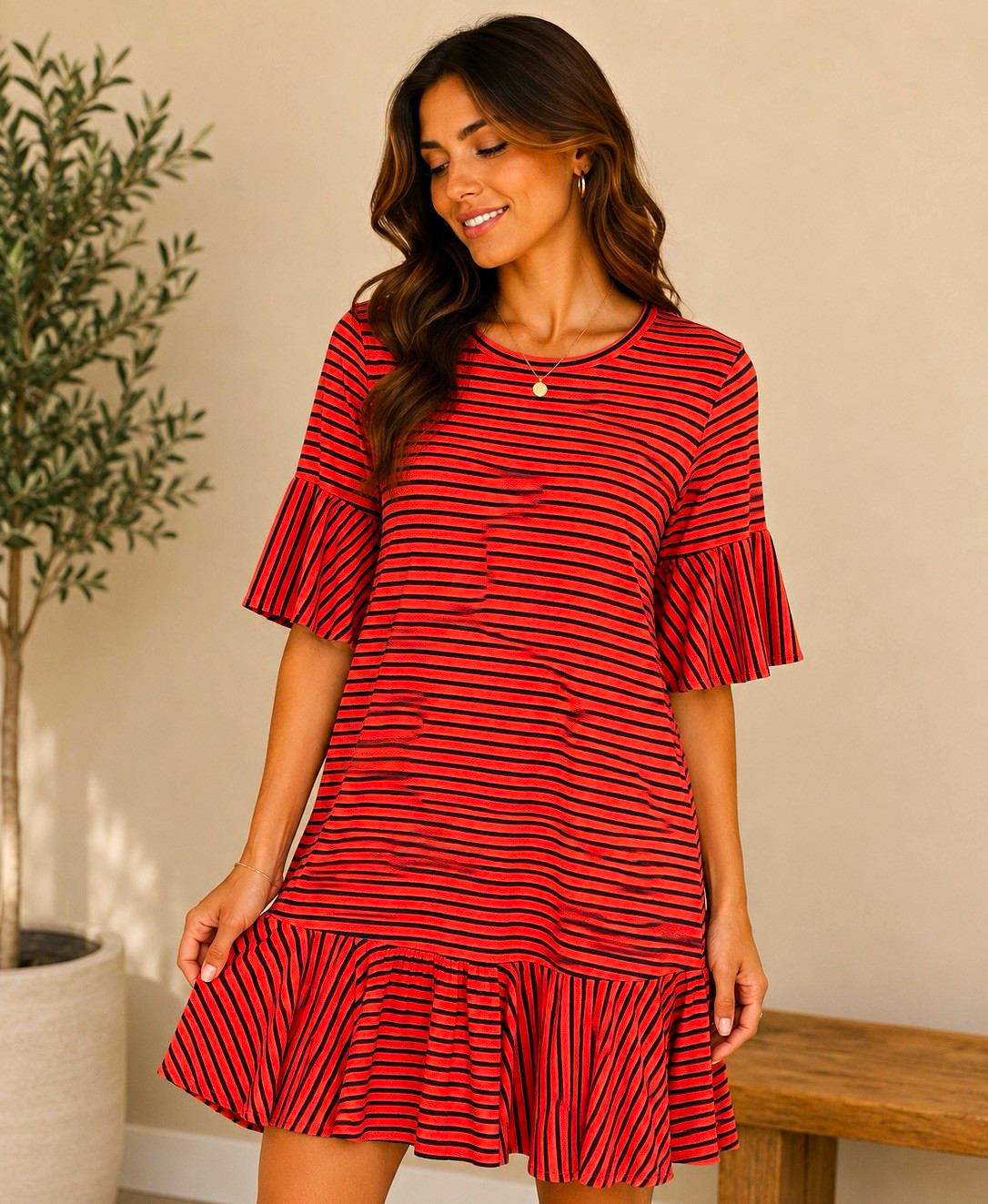 LuLaRoe Women’s M Red Black Striped Knit Shift Dress Ruffle Hem Half Sleeve