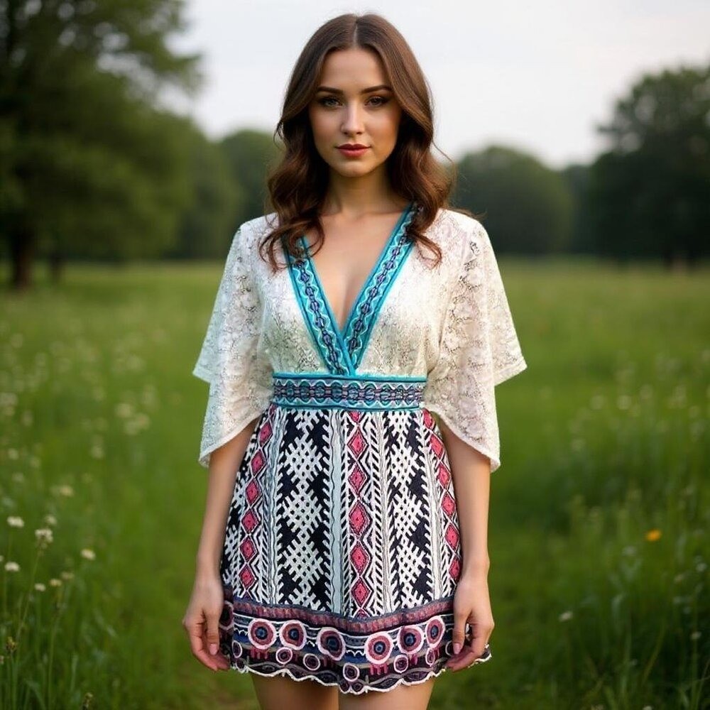 Flying Tomato Mini Dress Medium White Blue Pink Lace Boho Festival Tribal
