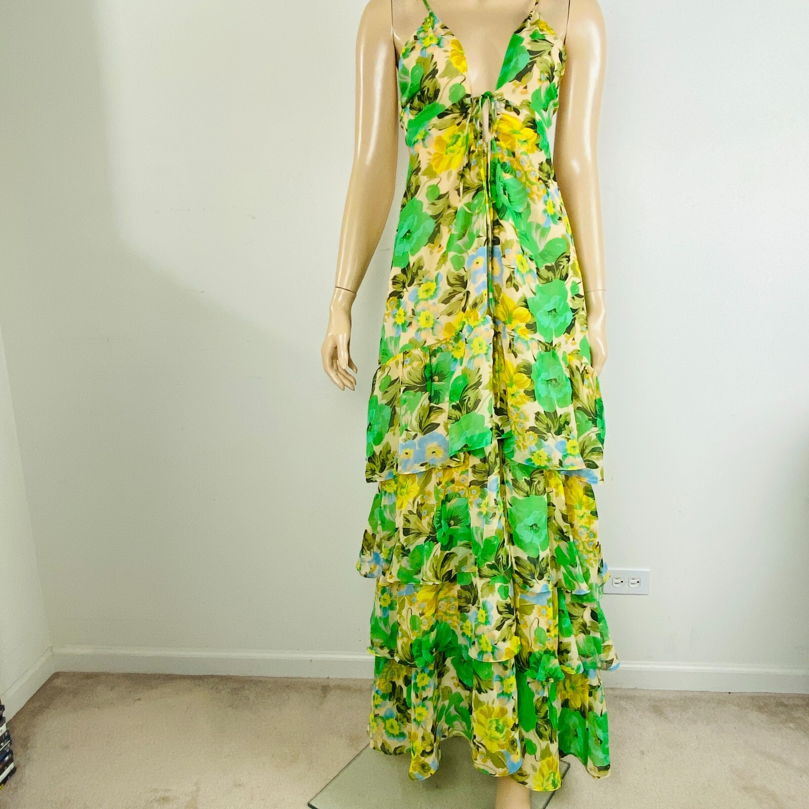 Astr Aneira Dress Green Yellow Blue Floral Tiered Ruffled Women’s XL Maxi Dress