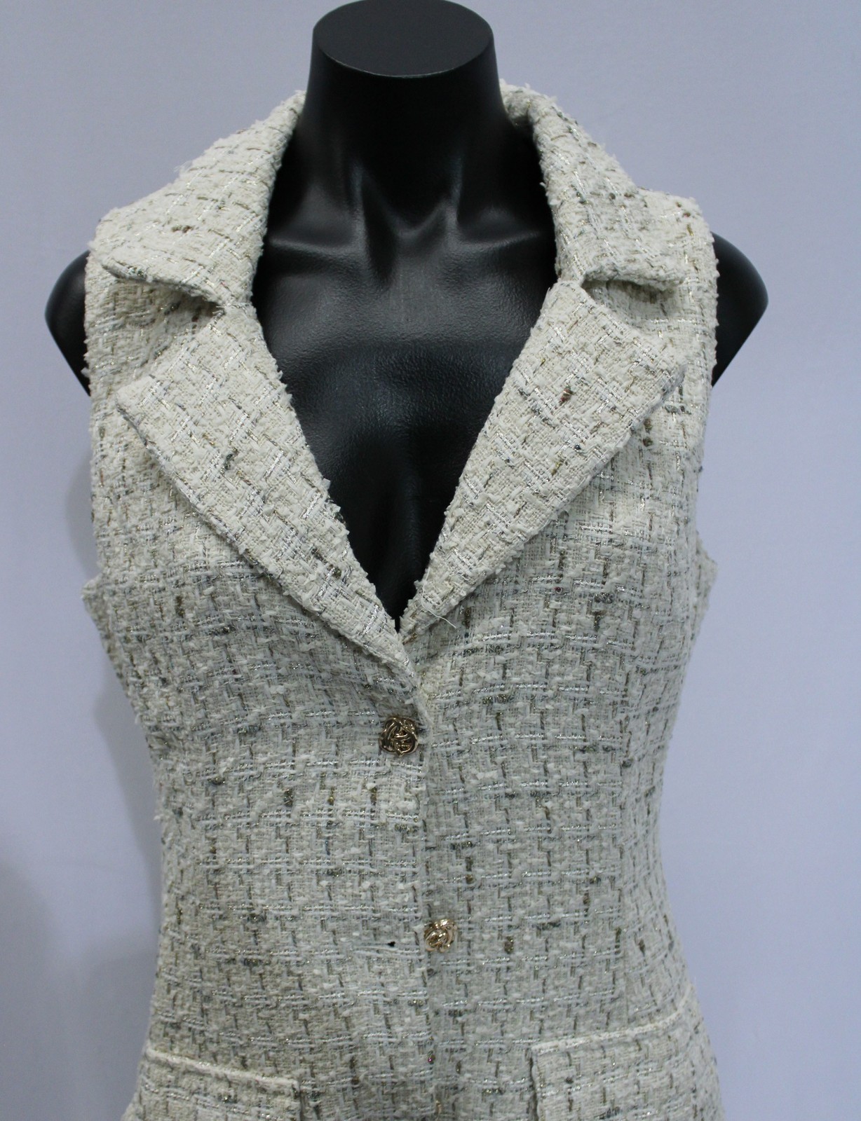 Mable Women’s Tweed Sleeveless Button Down Midi Sheath Dress LB3 Cream Medium