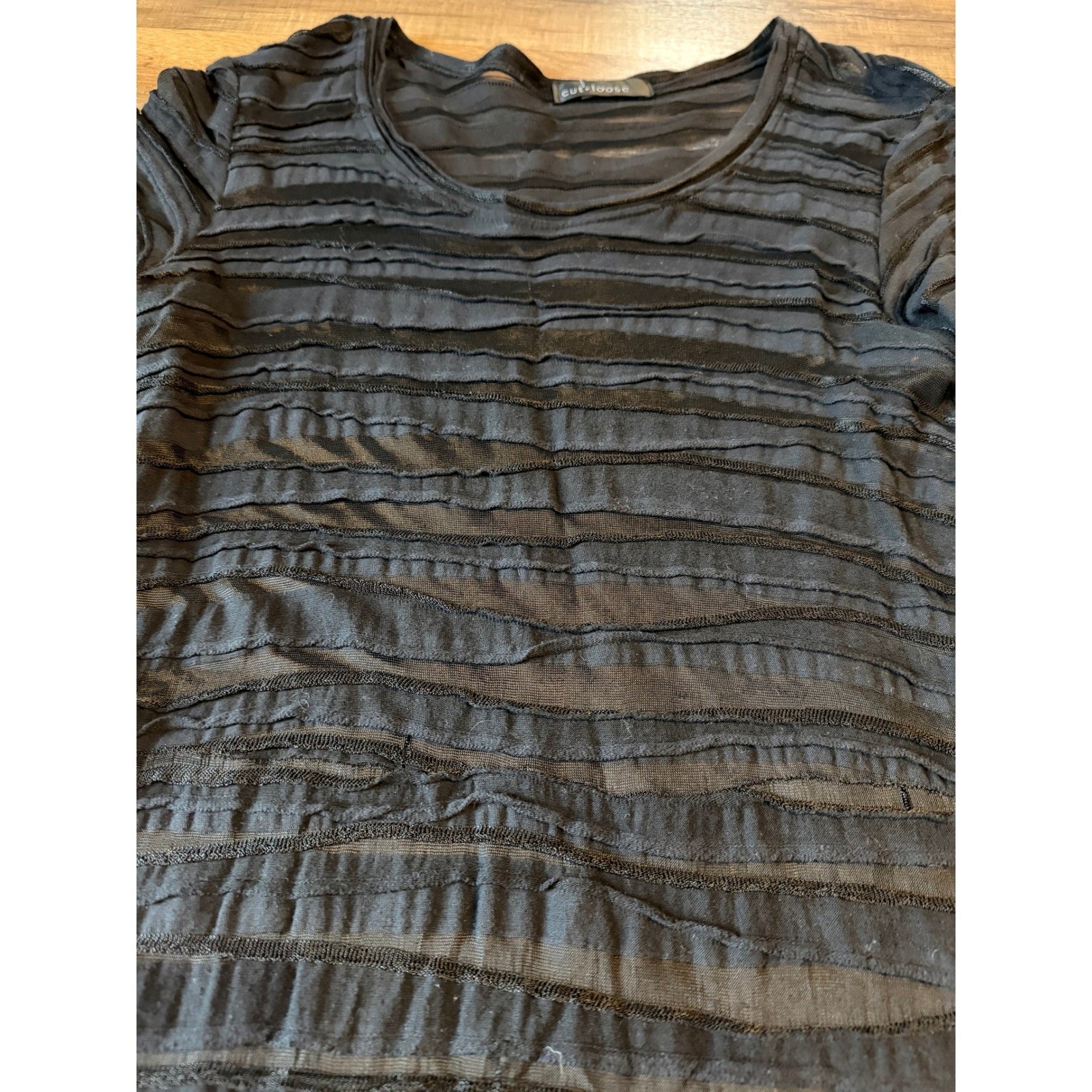 Black Dress Tunic Black Textured Sheer Stripe Sharkbite Hem SS Boho Whimsigoth