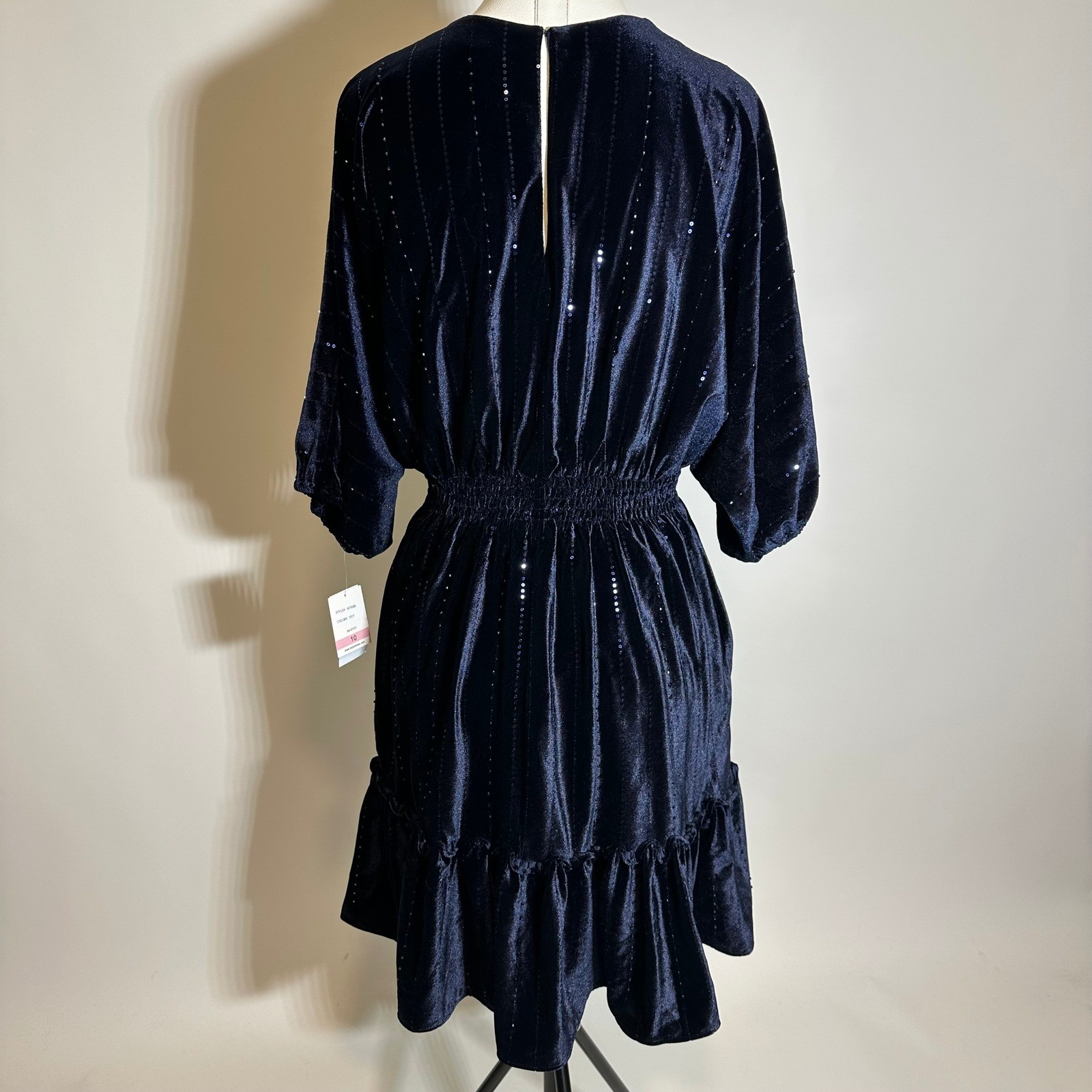 NWT Taylor Velvet Sequin Striped Dolman Sleeve Dress Navy Blue Womens Size 10