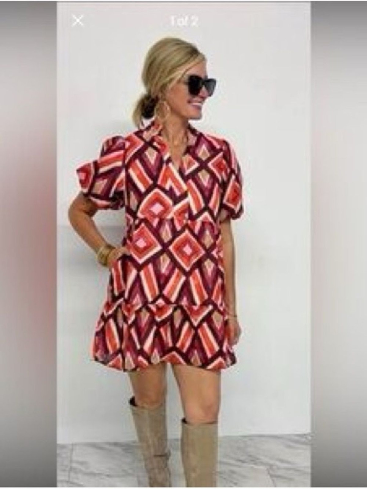 THML XL Pink Multi-Color Geometric Puff Sleeve Printed Mini Dress