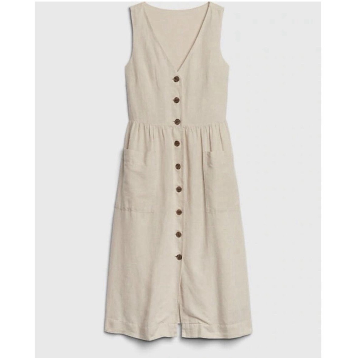 NEW Gap Linen Cotton Midi Sleeveless Button Dress Pockets 12 Tan Khaki Ivory LG