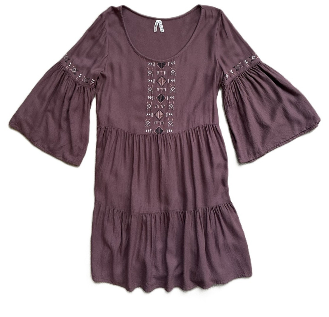 MUDD Small Mauve Plum Embroidered Peasant Mini Dress 3/4 sleeve BOHO