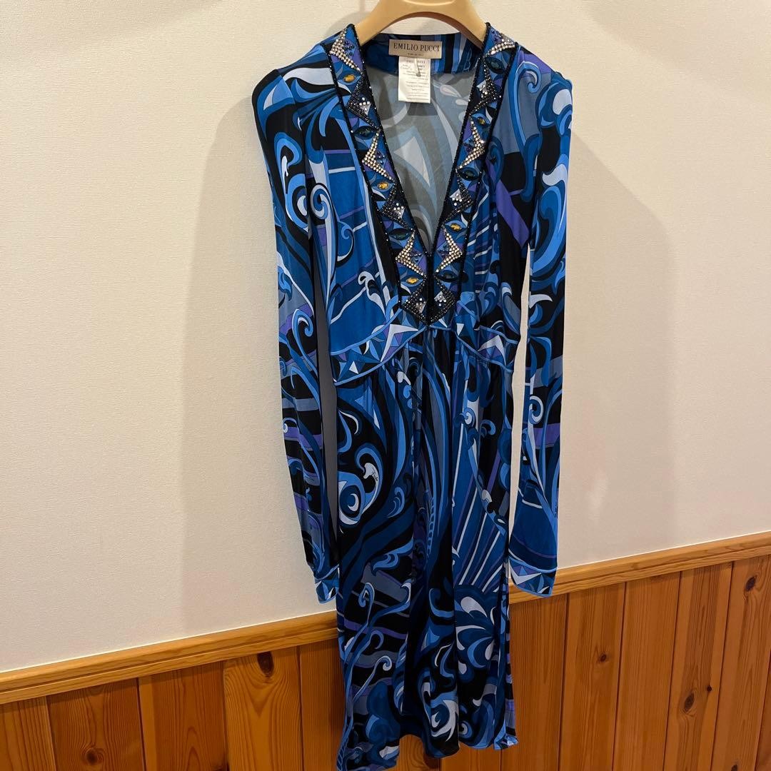 Emilio Pucci, Long-Sleeved Dress, Multicolor, blue, Geometric, Bijou, V-Neck