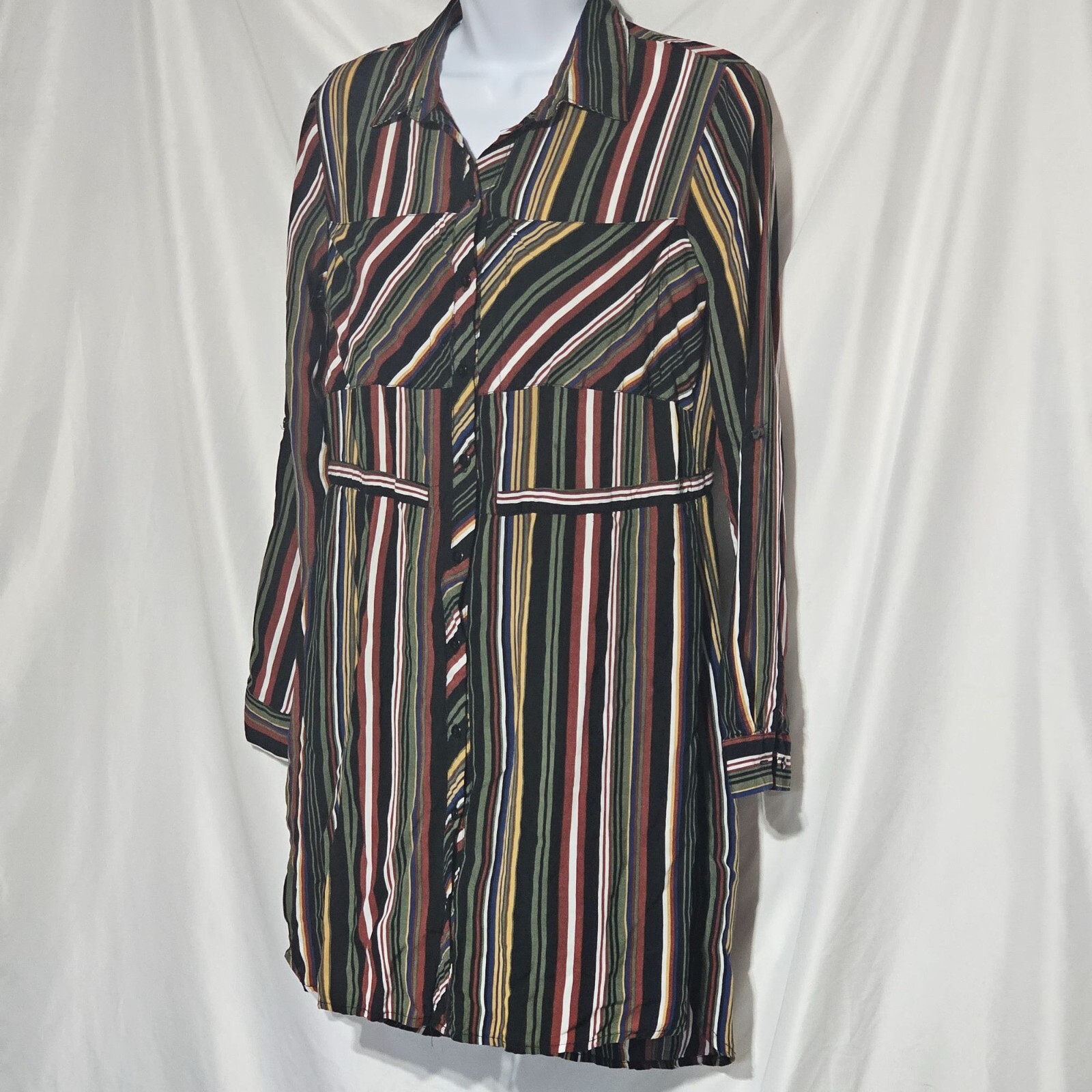 Love Notes Vertical Striped Fall Hues Button Down Shirt Dress Size M
