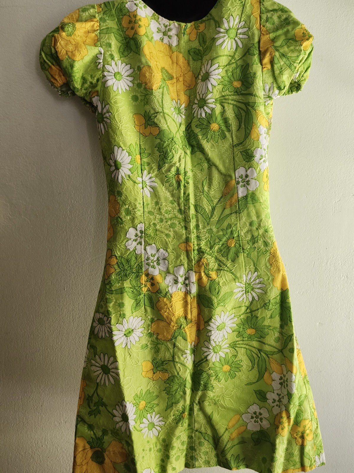 Vintage 60s Handmade Retro Twiggy Green/Yellow Flower Power Women’s Mini Dress S