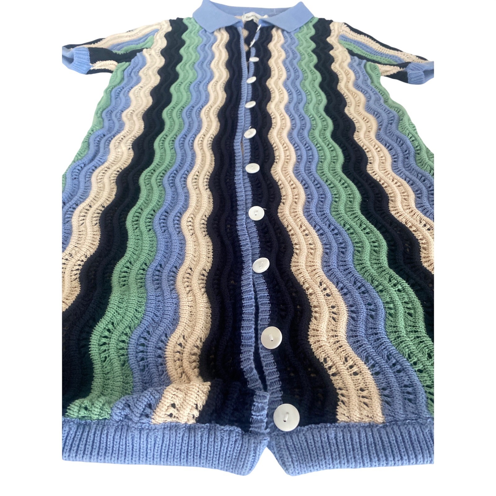 Heartloom Blue Green Wave Crochet Knit Button Front Polo Mini Dress Small