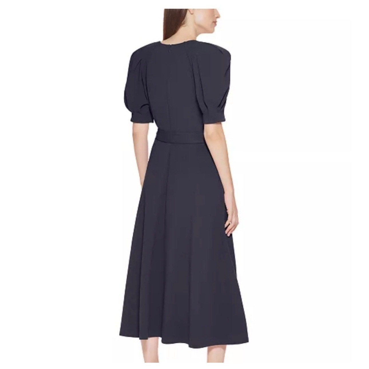 Calvin Klein Navy Puff Sleeve Belt Tie Waist Midi Dress Size 14W Altered Hem