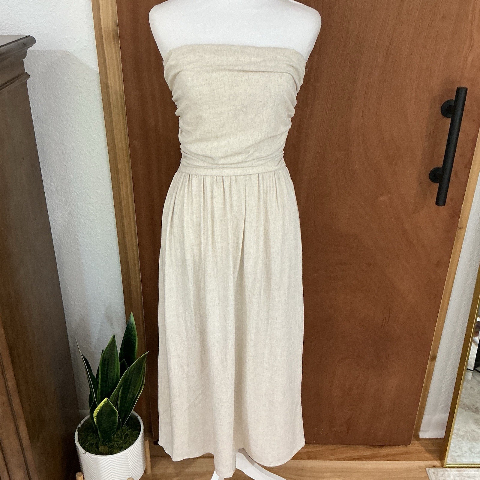 Linen Blend Midi Strapless Dress Pockets Sz S NWT Windsor Capsule Minimalist