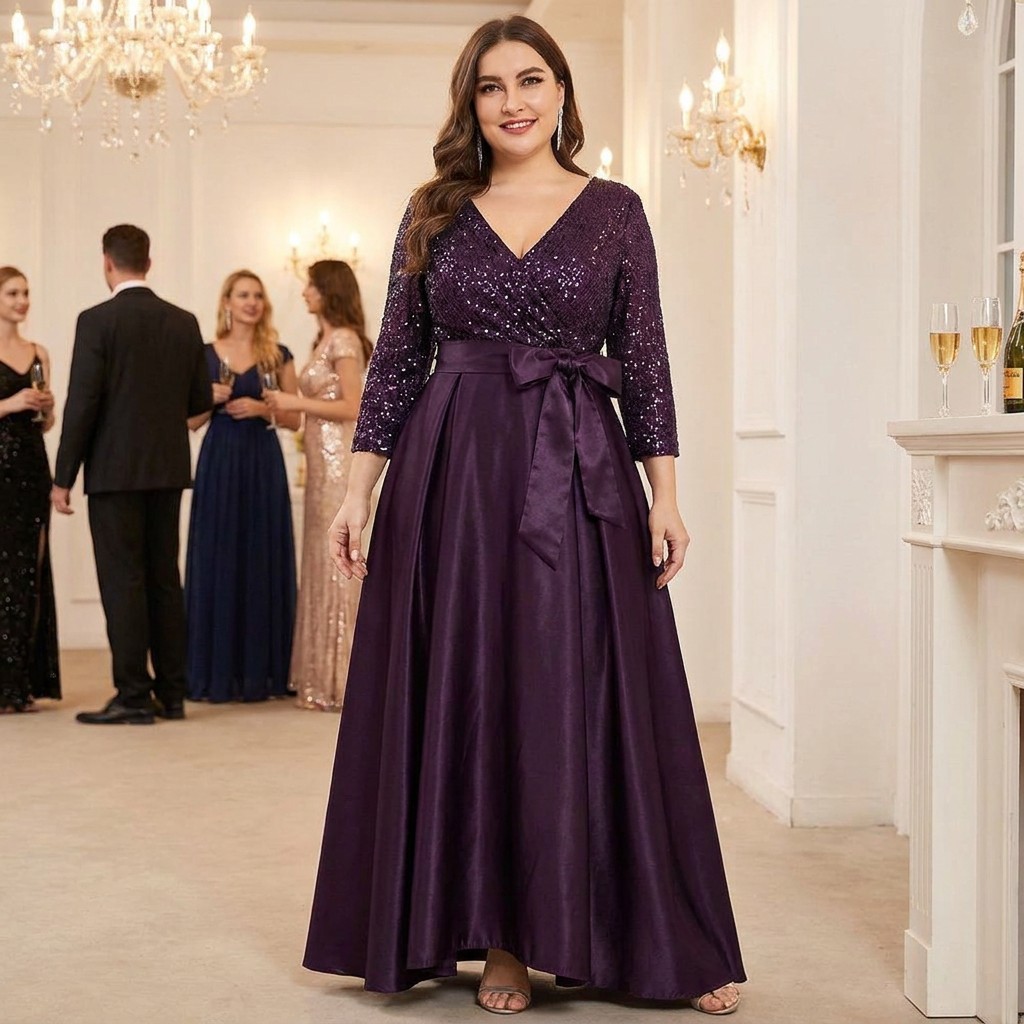 Plus Size 22W Purple Sequin Evening Gown Formal Maxi Dress V-Neck Elegant