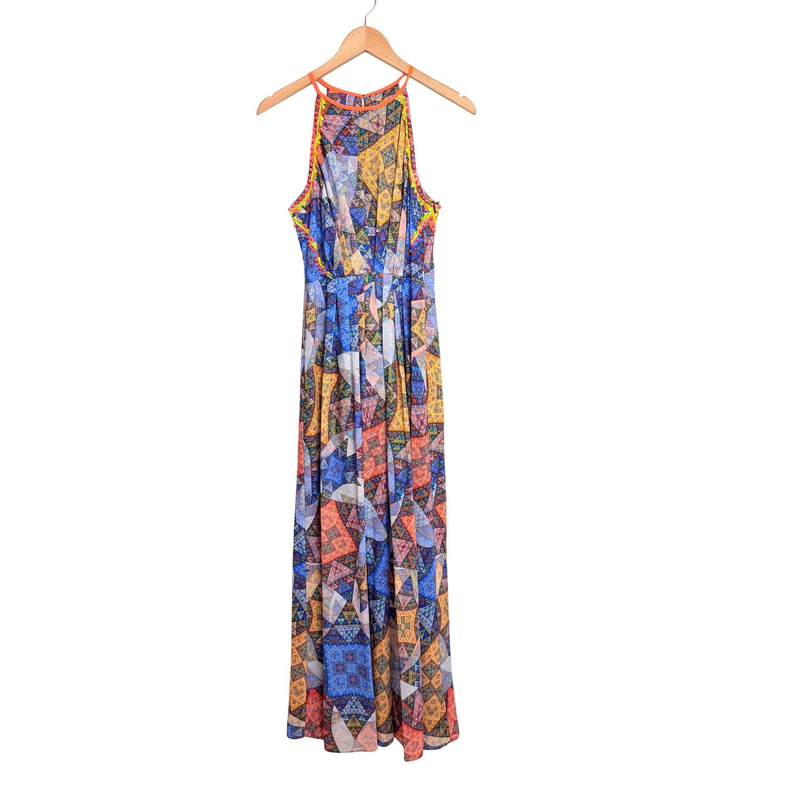 Anthropologie Ranna Gill Geometric Patchwork Pom Pom Maxi Dress Blue Orange M