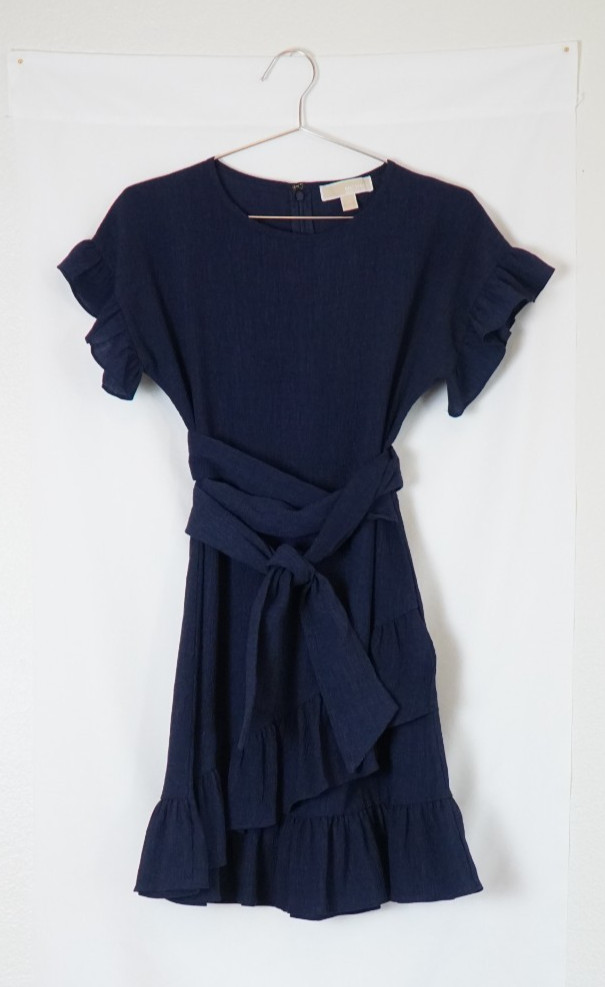 MICHAEL KORS XS NAVY BLUE CRINKLE GAUZE RUFFLE WRAP BELT FLUTTER SLEEVE DRESS