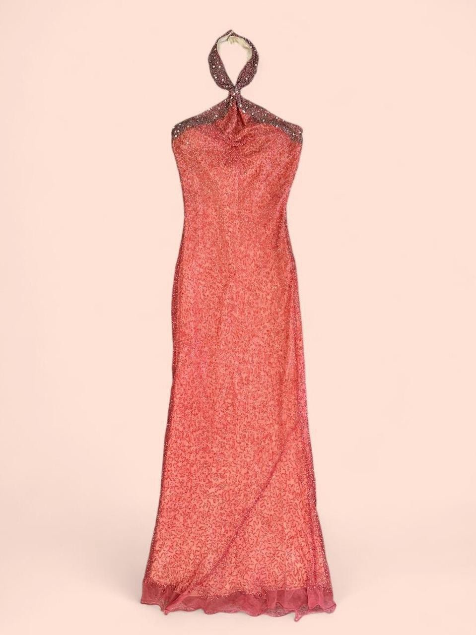 Y2K SCALA 100% Silk Hand-Beaded Coral Halter Gown