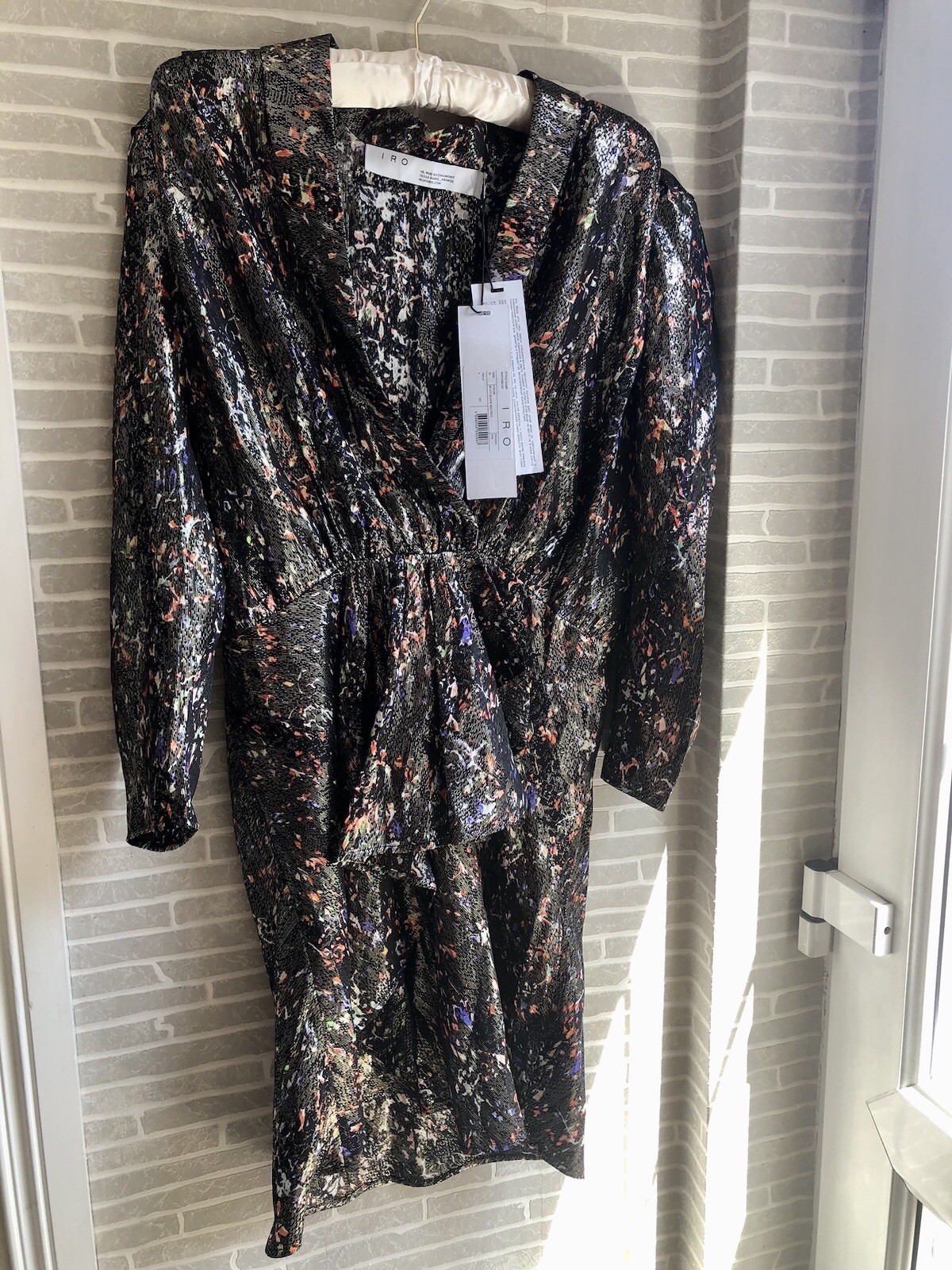 NWT IRO Paris Moseny Printed Silk Blend Lamé Mini Dress Black Multi Size FR 40