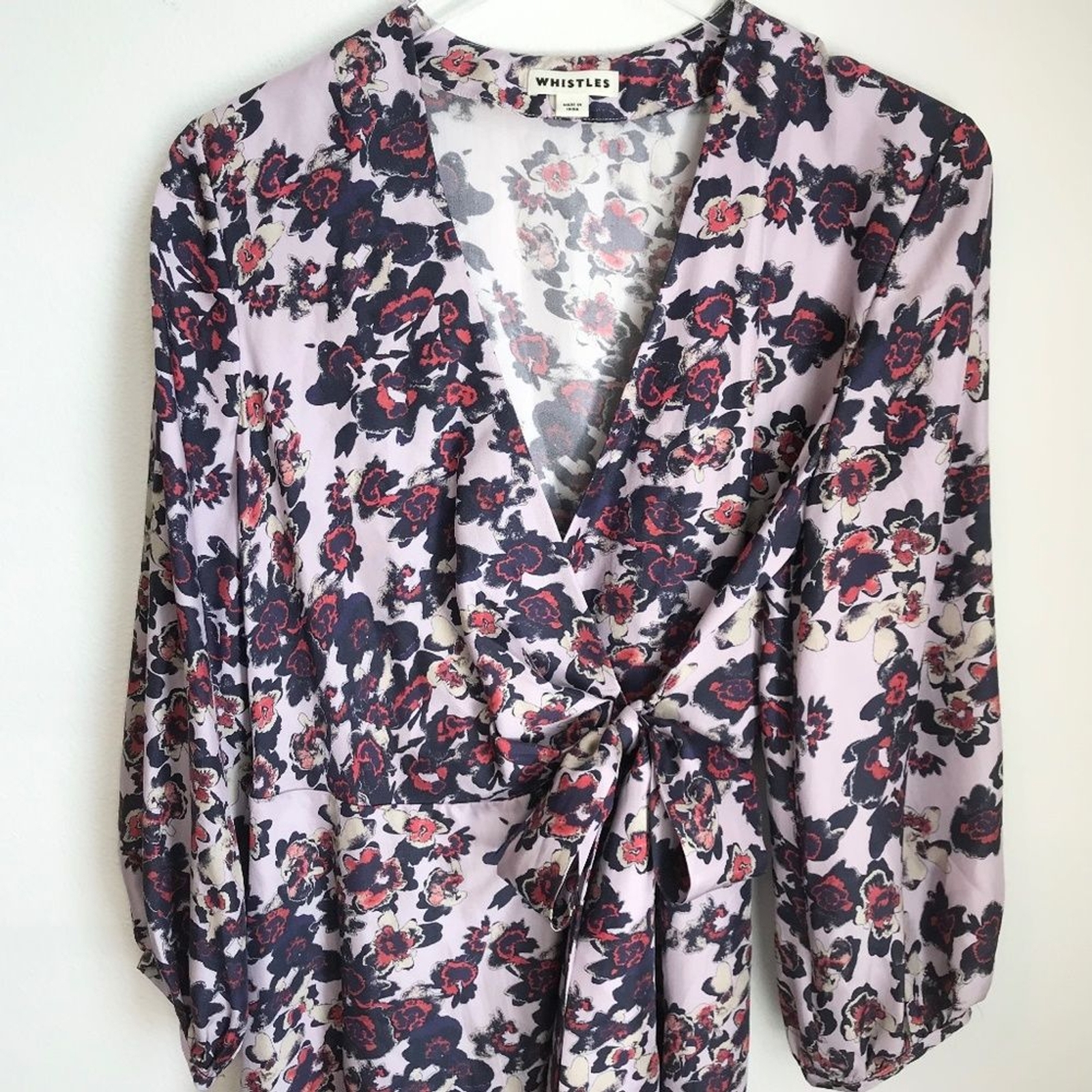 Whistles Silk Floral Print Midi Wrap V-Neck Dress 8 Purple Red Bracelet Sleeve