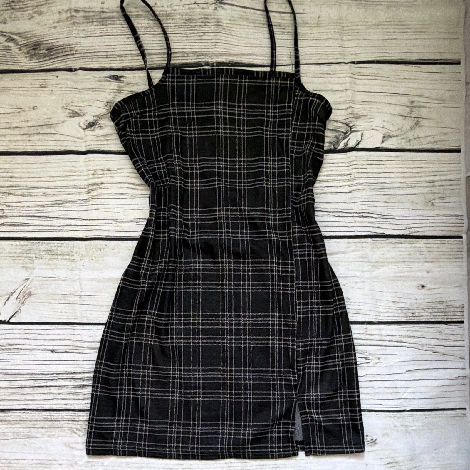 Black & White Plaid Mini Slip Dress Womens S Regular Square Neck Stretch Straps