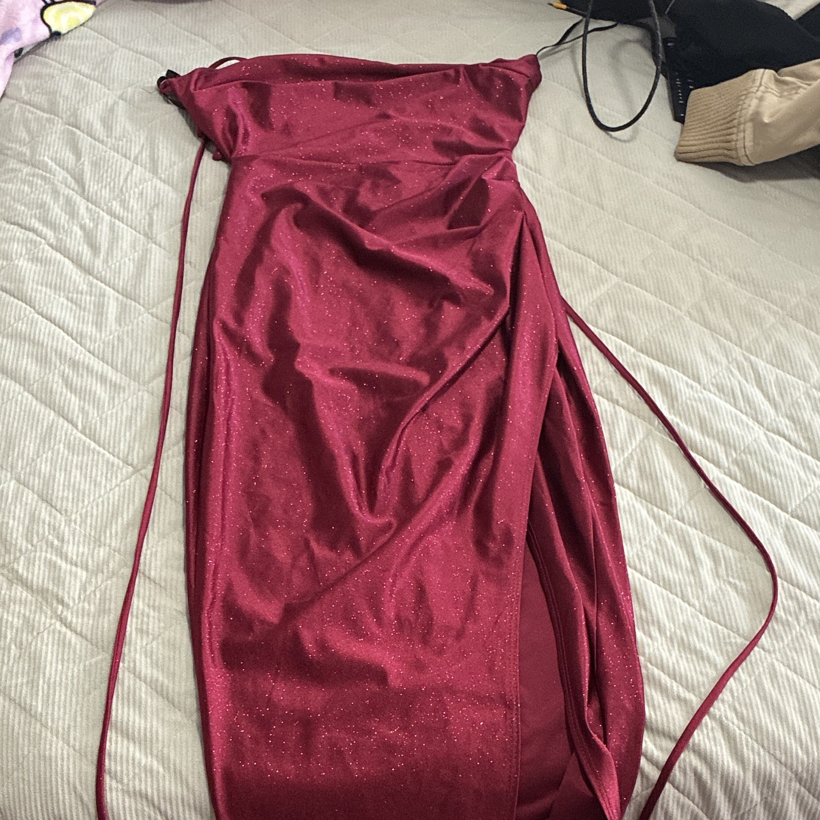 Burgundy Glitter Satin Cowl Neck Strappy Long Gown Side Slit Lined S