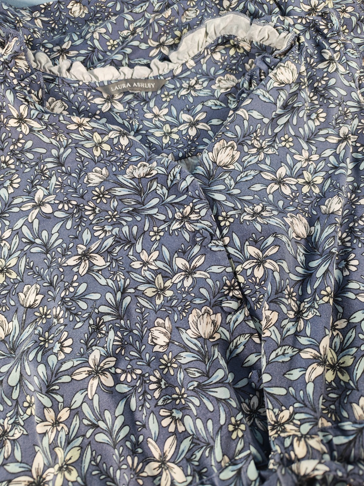 Beautiful Laura Ashley Blue Floral Stretch Frill Dress Waist Tie Belt UK 18