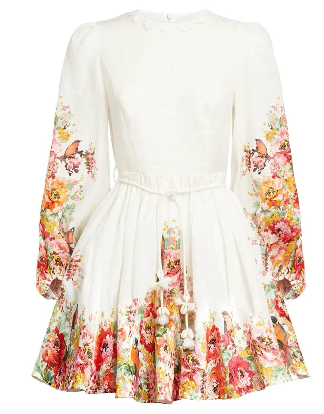 ZIMMERMANN White Floral Linen Mini Dress Size 2 Long Sleeve Belted Tassel Trim