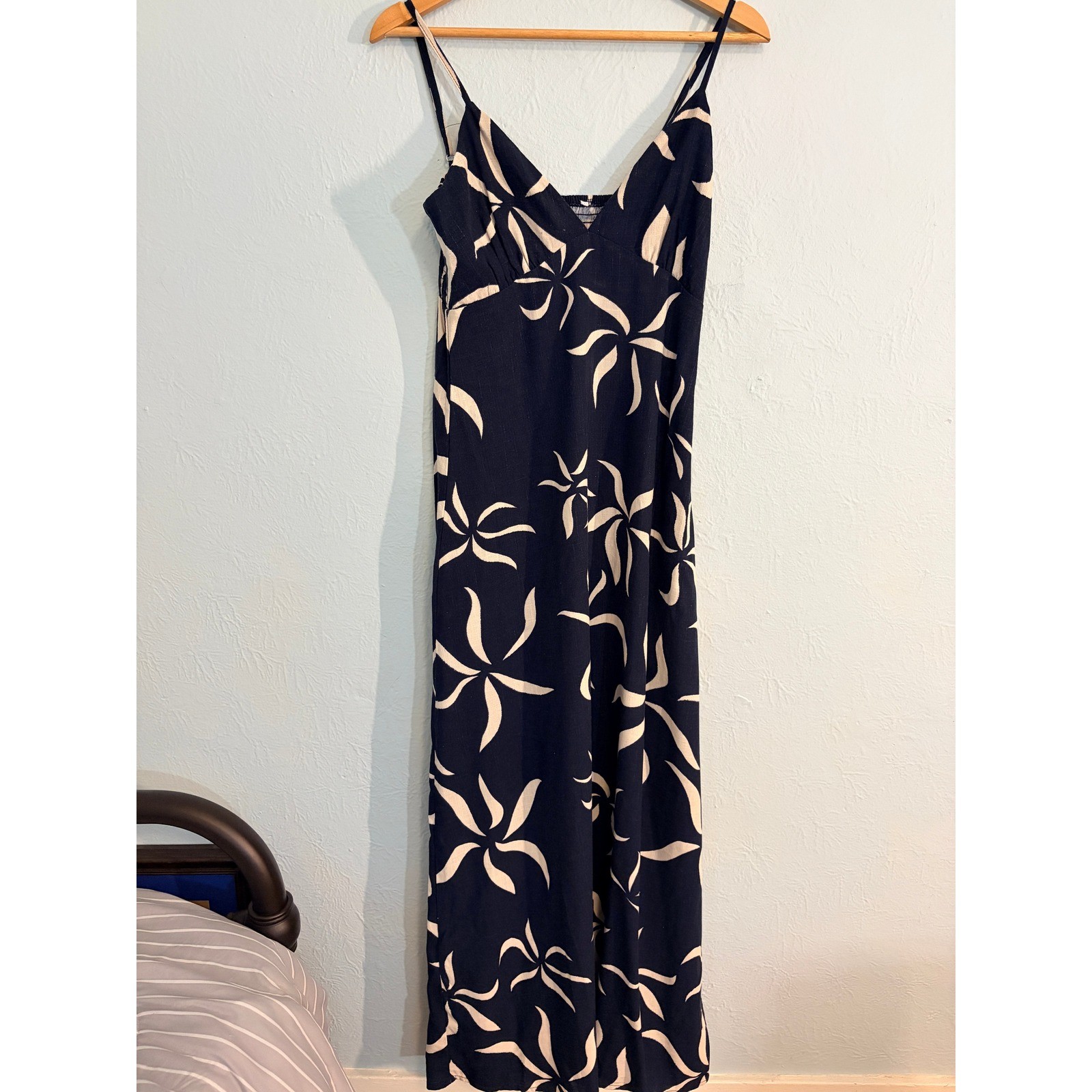 Navy Cream Floral Maxi Dress Small Strappy Smocked Back Coastal Boho Resortwear