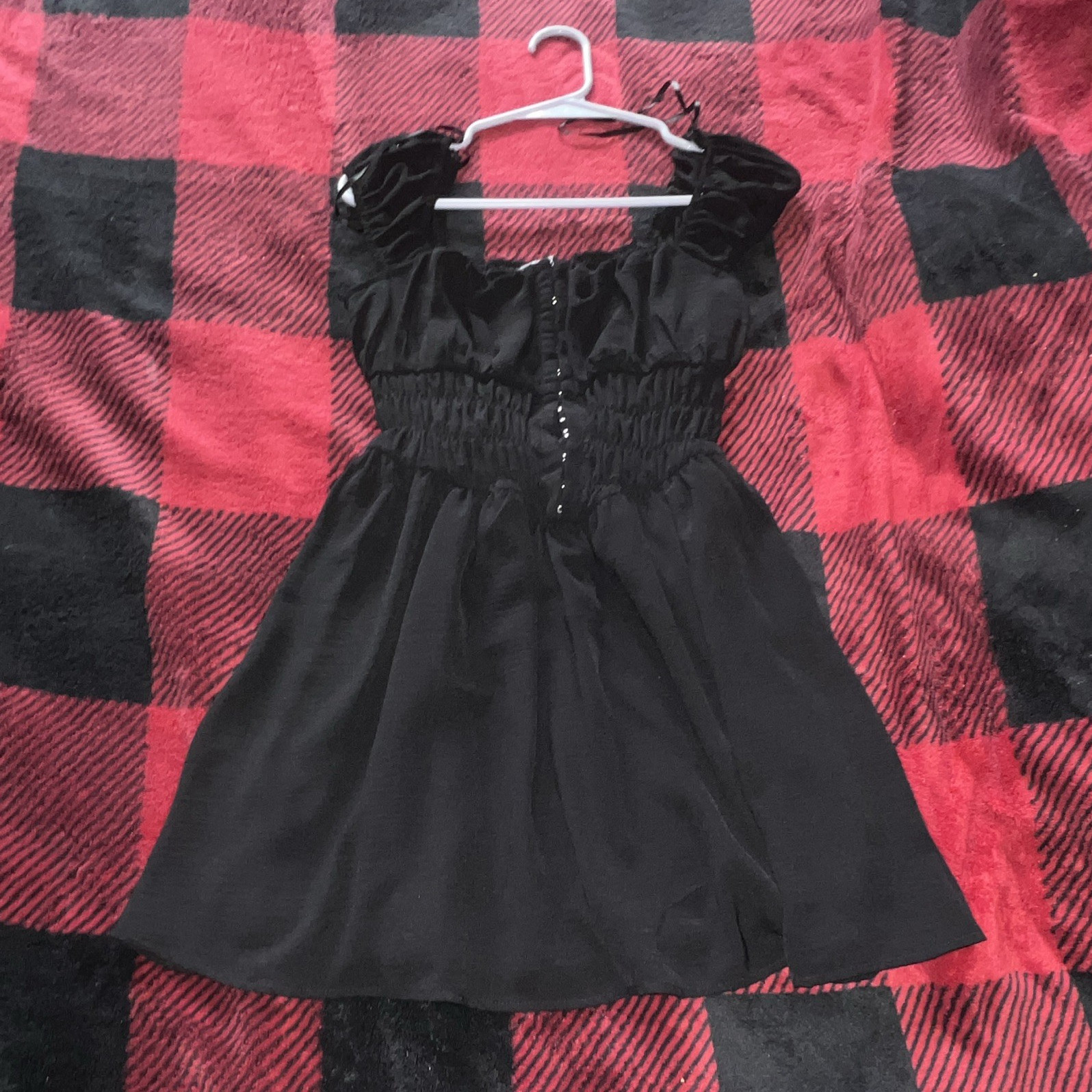 moth cloth Black Smocked Square Neck Ruffle Sleeve Mini Dress Chiffon Size M