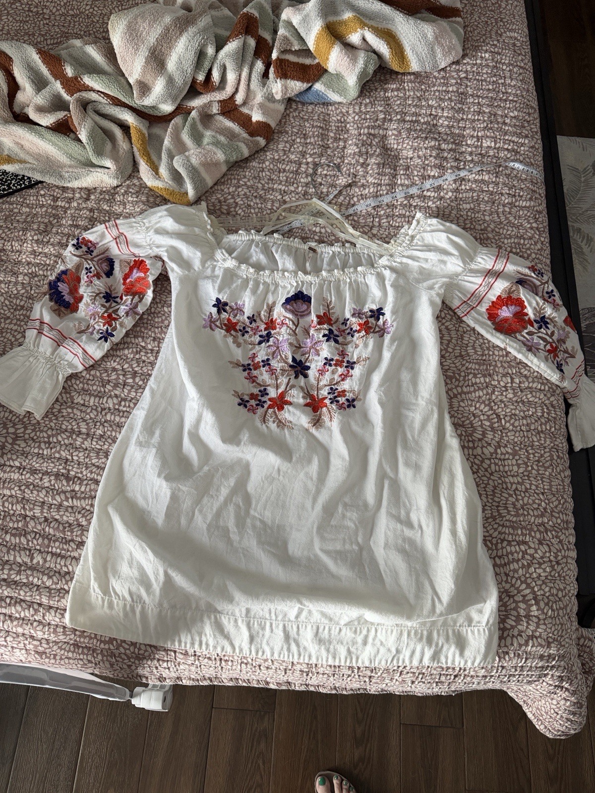 Free People S White Floral Embroidered Off Shoulder Dress 3/4 Bell Sleeve